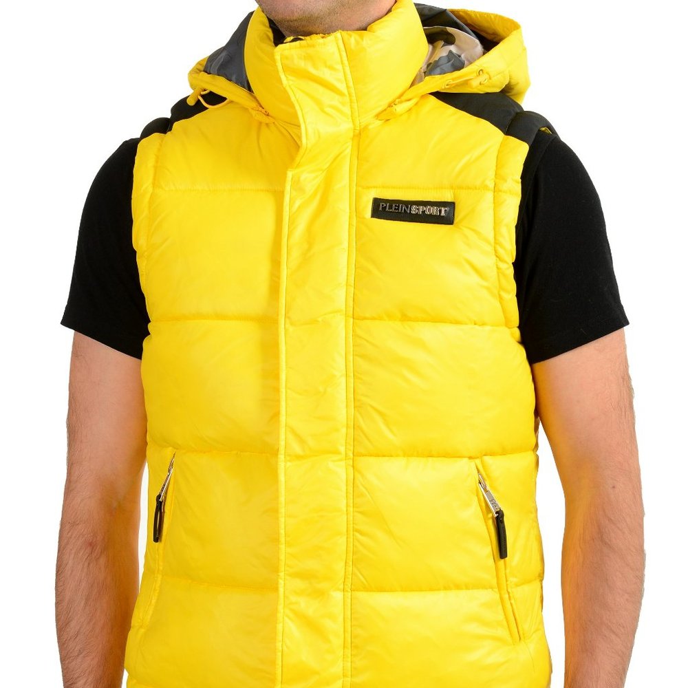 Plein Sport Men's Yellow Hooded Logo Print Zip Up Sleeveless Jacket Vest